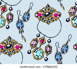 Vector background hand drawn jewellery. Hand drawn ink illustration. Modern ornamental decorative background. Vector pattern. Print for textile, cloth, wallpaper, scrapbooking