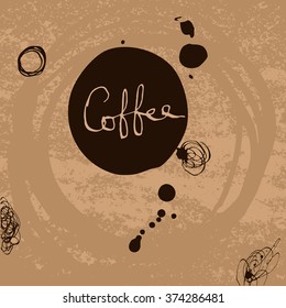 Vector background with hand drawn lettering coffee and ink drops. Good background for menu cafe design.