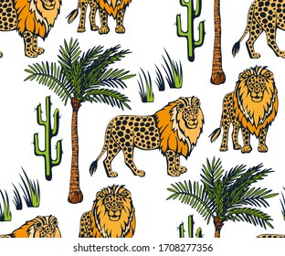 Vector background hand drawn lion. Hand drawn ink illustration. Modern ornamental decorative background. Vector pattern. Print for textile, cloth, wallpaper, scrapbooking