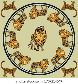 Vector background hand drawn lion. Modern ornamental decorative background. Square print for textile, cloth, scrapbooking