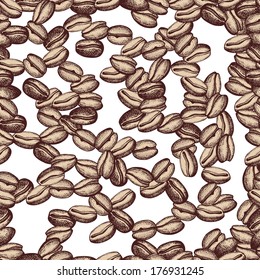 Vector background with hand drawn natural coffee beans. Natural vector pattern on white background
