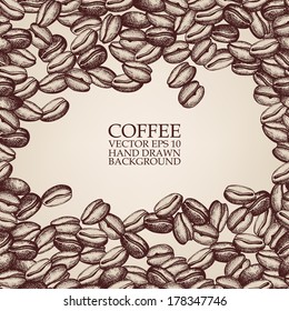 Vector background with hand drawn natural coffee beans. Natural vector pattern with place for your text.