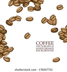 Vector background with hand drawn natural coffee beans. Natural vector pattern on white background