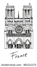 Vector background with hand drawn Notre Dame de Paris Cathedral in Paris, France, travel banner with text