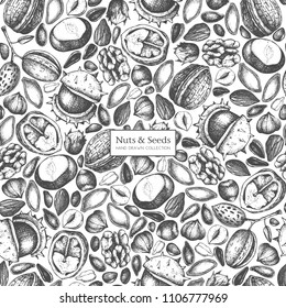 Vector Background With Hand Drawn Nuts And Seeds Sketches. Hazelnut, Walnut, Pine Nut, Chestnut, Sunflower, Flax And Pimpkin Seeds Drawing. Organic Food Seamless Pattern.