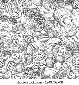 Vector background with hand drawn nuts. Almond, hazelnut, walnut, pecan nut, peanut and cashew drawing. Natural and healthful food seamless pattern.