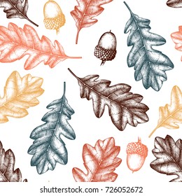 Vector background with  hand drawn oak trees seeds and leaves. Vintage autumn design. Botanical garden elements. Seamless acorn pattern. 