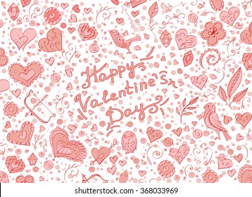 Vector background with hand drawn objects and lettering for Valentine's Day. Doodle. In pink and white colors.