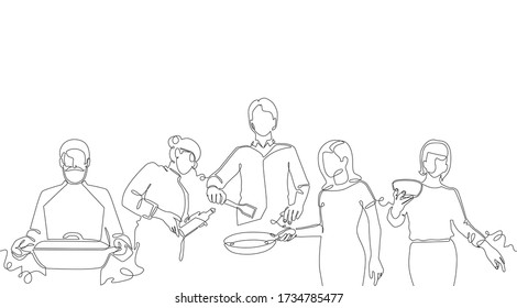 Vector Background With Hand Drawn One Line Silhouettes Of People Cooking. Seamless Patten. 