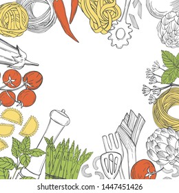 Vector background with  hand drawn pasta and vegetables on white background. Italian food. Sketch  illustration.