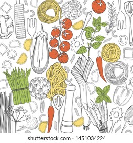 Vector background with  hand drawn pasta and vegetables on white background. Italian food. Sketch  illustration.