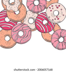Vector   background with hand drawn pink donuts. 