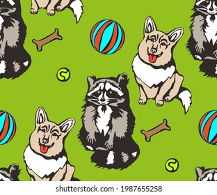 Vector background hand drawn raccoon and dog. Hand drawn ink illustration. Modern ornamental decorative background. Print for textile, cloth, wallpaper, scrapbooking