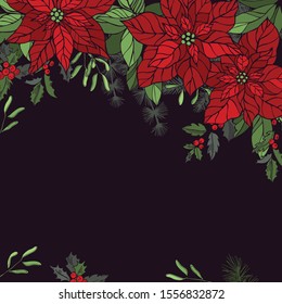 Vector background with hand drawn red poinsettias and Christmas plants. Sketch illustration.
