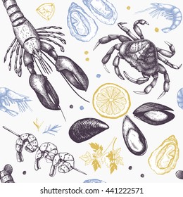 Vector background. Hand drawn sea food sketch collection - fresh fish, lobster, crab, oyster, mussel, squid and spice. Vintage Seamless Seafood pattern.