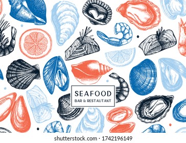 Vector Hintergrund mit handgezeichneten Muschelbildern - Muscheln, Austern, Muscheln, Garnelen Skizzen. Design des Meeresfrüchte-Fliegers. Vintage Sea Food Menüvorlage. Für die Lieferung, Bar oder Restaurant.