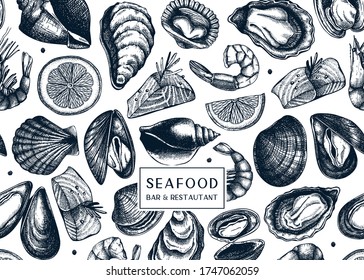 Vector background with hand drawn shellfish illustrations - clams, oysters, mussels, shrimps sketches. Seafood flyer design. Vintage sea food menu template. For delivery, bar or restaurant.