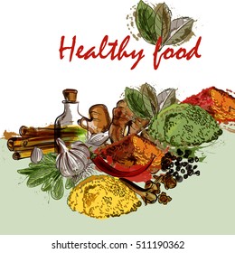 Vector background with hand drawn spices. Natural healthy food