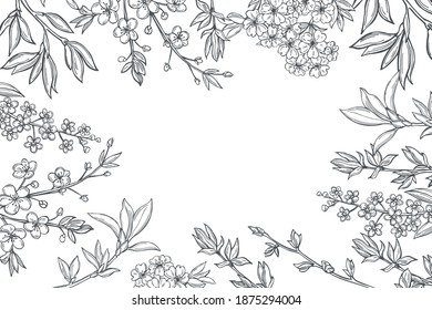 Vector background with hand drawn spring branches with flowers.  Sketch  illustration.