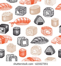 Vektorillustration-Hintergrund mit handgezeichneten Sushi-Roll-Illustrationen. Vintage nahtloses Muster mit
asiatische Lebensmittelskizze auf weißem Hintergrund.Restaurant-Menü-Design