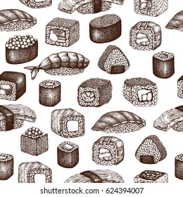 Vector background with  hand drawn sushi roll illustrations. Vintage seamless pattern  with asian food sketch on white background. Restaurant menu design