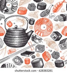 Vector background with  hand drawn sushi roll illustrations. Vintage seamless pattern  with
asian food sketch. Seafood Restaurant menu design
