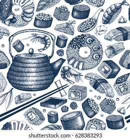 Vector background with  hand drawn sushi roll illustrations. Vintage seamless pattern  with
asian food sketch. Seafood Restaurant menu design