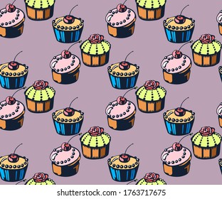 Vector background hand drawn sweets. Hand drawn ink illustration. Modern ornamental decorative background. Vector pattern. Print for textile, cloth, wallpaper, scrapbooking