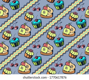 Vector background hand drawn sweets. Hand drawn ink illustration. Modern ornamental decorative background. Vector pattern. Print for textile, cloth, wallpaper, scrapbooking