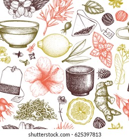 Vector background with hand drawn tea illustration. Decorative seamless pattern with vintage herbs and fruits sketch.