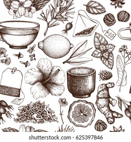 Vector background with hand drawn tea illustration. Decorative seamless pattern with vintage herbs and fruits sketch.