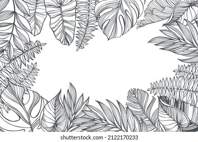 Vector background  with  hand drawn tropical plants. Sketch illustration.
