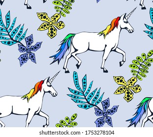 Vector background hand drawn unicorn. Hand drawn ink illustration. Modern ornamental decorative background. Vector pattern. Print for textile, cloth, wallpaper, scrapbooking