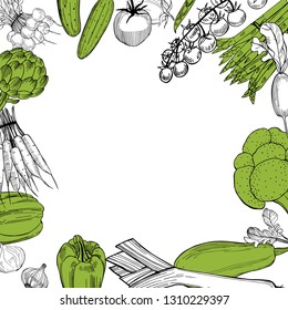 Vector background with  hand drawn vegetables. Sketch  illustration.  