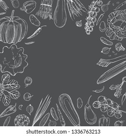 Vector background with  hand drawn vegetables. Sketch  illustration.  