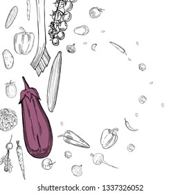 Vector background with  hand drawn vegetables. Sketch  illustration.  