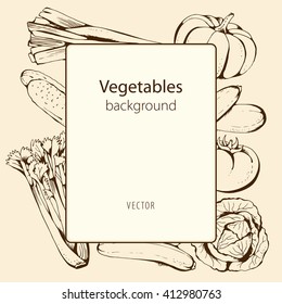 Vector background with hand drawn vegetables, food frame