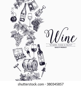 Vector background with hand drawn wine bottle, wine cask and wineglass. Winery illustration. Template design. Border. Repeating background.