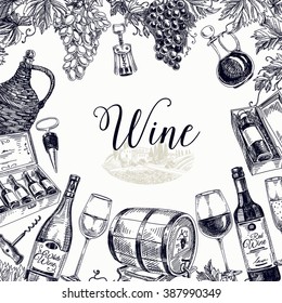 Vector background with hand drawn wine bottle, wine cask and wineglass. Winery illustration. Template design. 