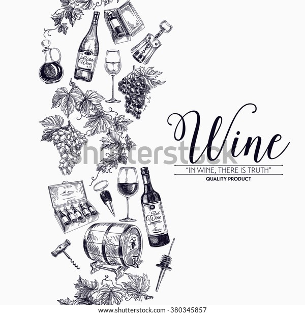 Vector background with hand drawn wine\
bottle, wine cask and wineglass. Winery illustration. Template\
design. Border. Repeating\
background.