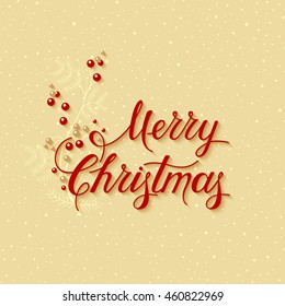vector background with hand drawn words merry christmas and a branch of berries