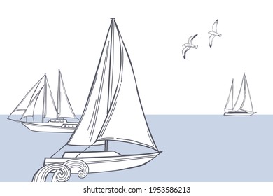 Vector background with hand drawn yachts.