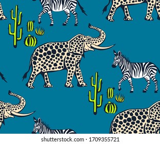 Vector background hand drawn zebra and elephant. Hand drawn ink illustration. Modern ornamental decorative background. Vector pattern. Print for textile, cloth, wallpaper, scrapbooking