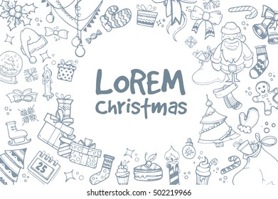 Vector background of hand drown ellements for Christmas and New Year winter Holidays. Icon doodles set with place for your text.