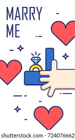 Vector background with hand, hearts, box and engagement ring. Thin line flat design banner. Marry me card.