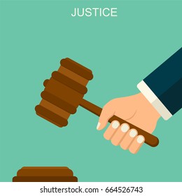 Vector background with hand holding judges gave. Judge arm with hummer. Justice flat style pattern. Law and order concept.