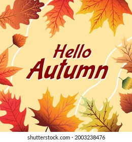 Vector background with hand lettering Hello autumn and leaves isolated on white background.