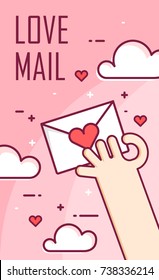 Vector background with hand and love letter. Thin line flat design banner for Valentine's day.