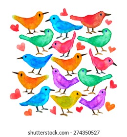 Vector background with hand painted watercolor birds and hearts. Vector graphics in childish style. Perfect for prints and backgrounds to use in nursery.
