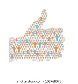 Vector background with the hand of thumbs up symbol, which is composed of people colorful icon. Abstract illustration with silhouettes of person and sign "well". Social media concept for web template